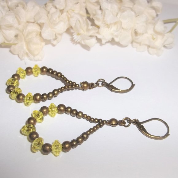Boho Hoop Earrings Brown Bronze and Yellow Beaded Dangle Teardrop Accessory 7036 - Picture 4 of 8